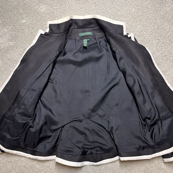 Lauren Ralph Lauren Black Linen Lady Jacket Womens 6 Button White Trim Preppy - Picture 6 of 10